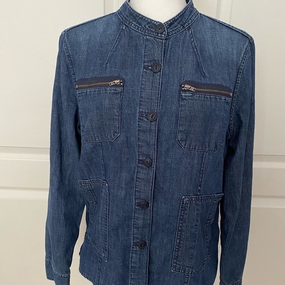 Tommy Hilfiger Blue Denim Shirt Jacket | Zip Chest Pockets | Mandarin Collar - Picture 2 of 9